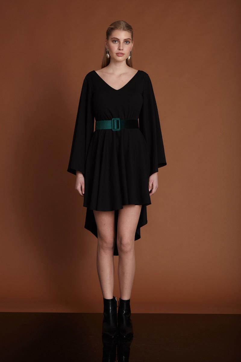 Black Woven Long Sleeve Midi Dress