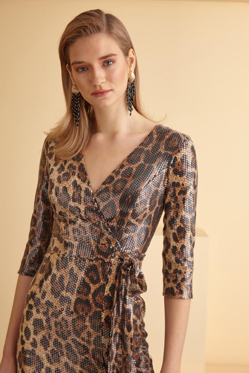 Leopard Sequined Short Sleeve Maxi Dress