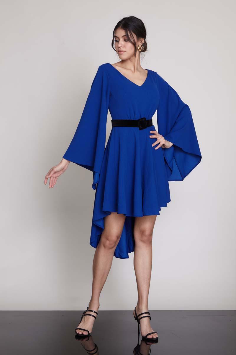 Saxon Blue Woven Midi Long Sleeve Dress