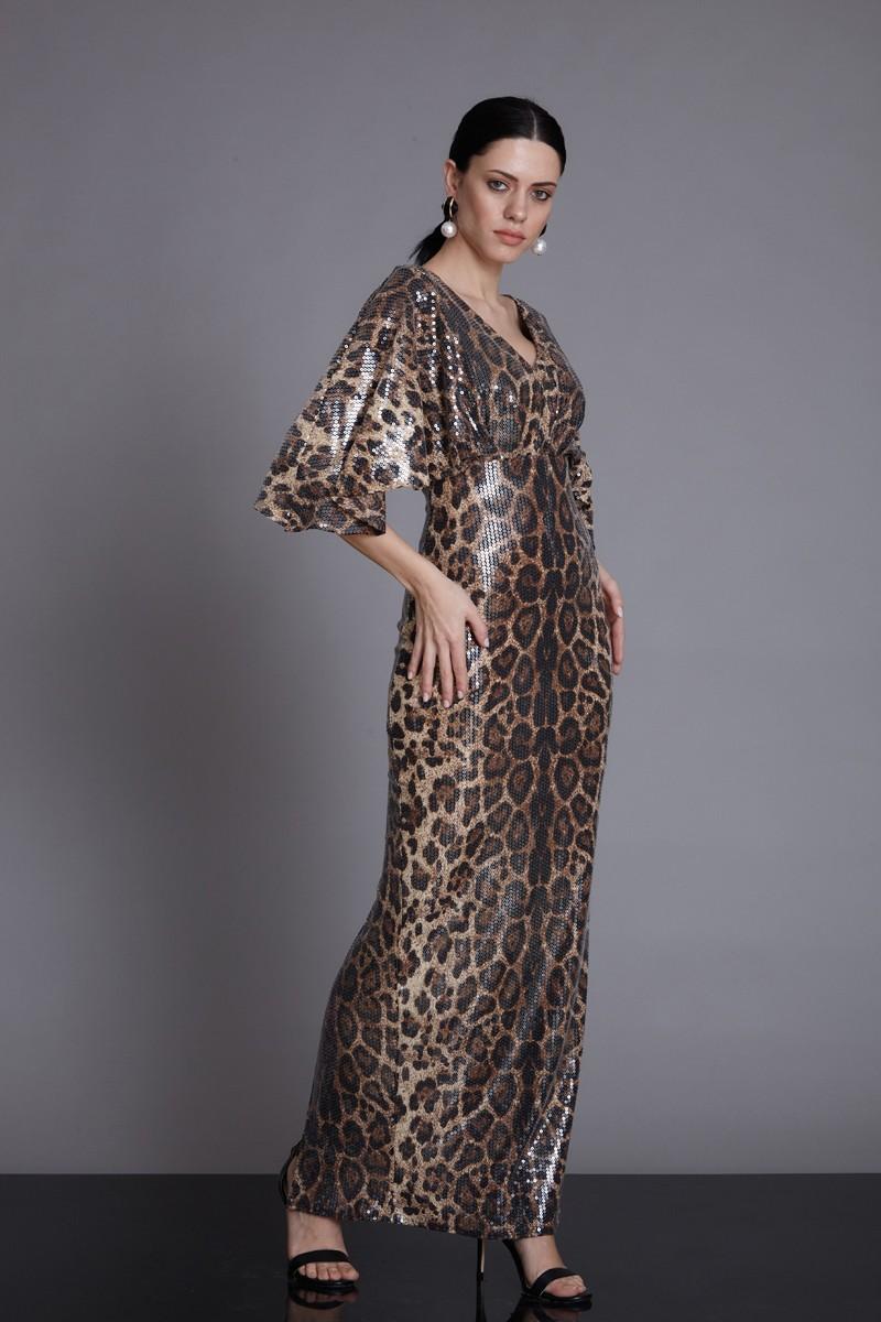 Leopard Sequined Maxi Short Sleeve Dress