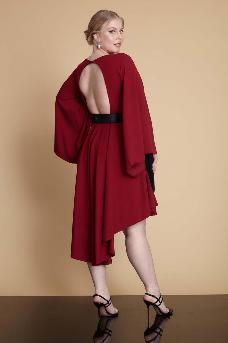 Claret Red Plus Size Crepe Long Sleeve Midi Dress