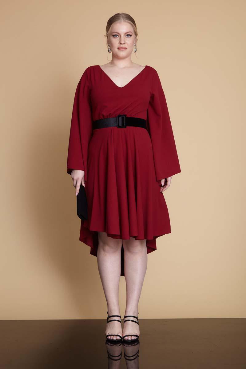 Claret Red Plus Size Crepe Long Sleeve Midi Dress