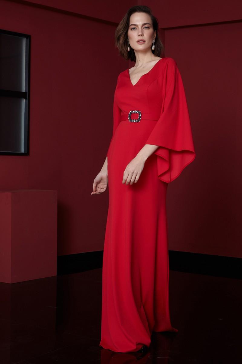 Red Crepe Long Sleeve Maxi Dress