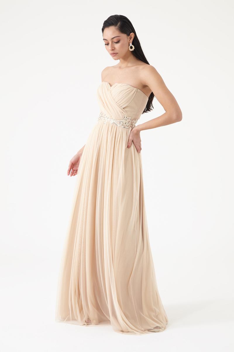 Beige Tulle Strapless Maxi Dress
