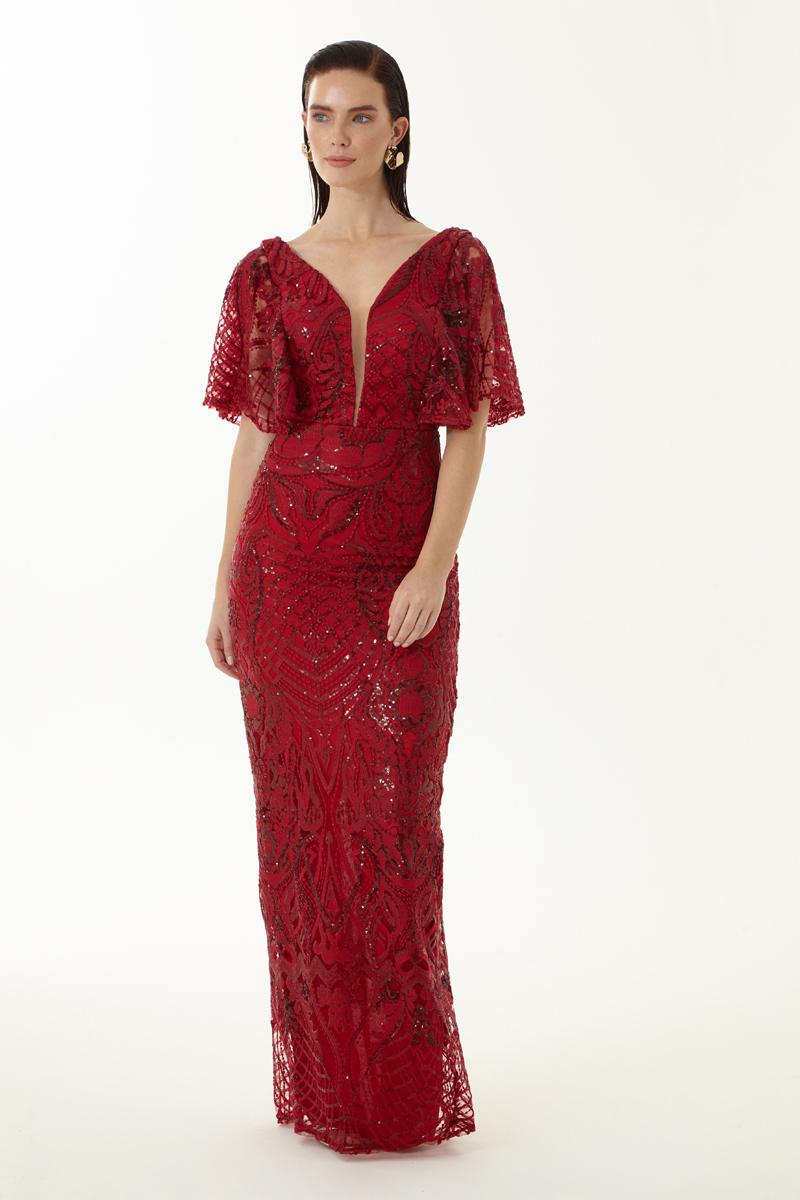 Claret Red Sequined Short Sleeve Maxi Dress