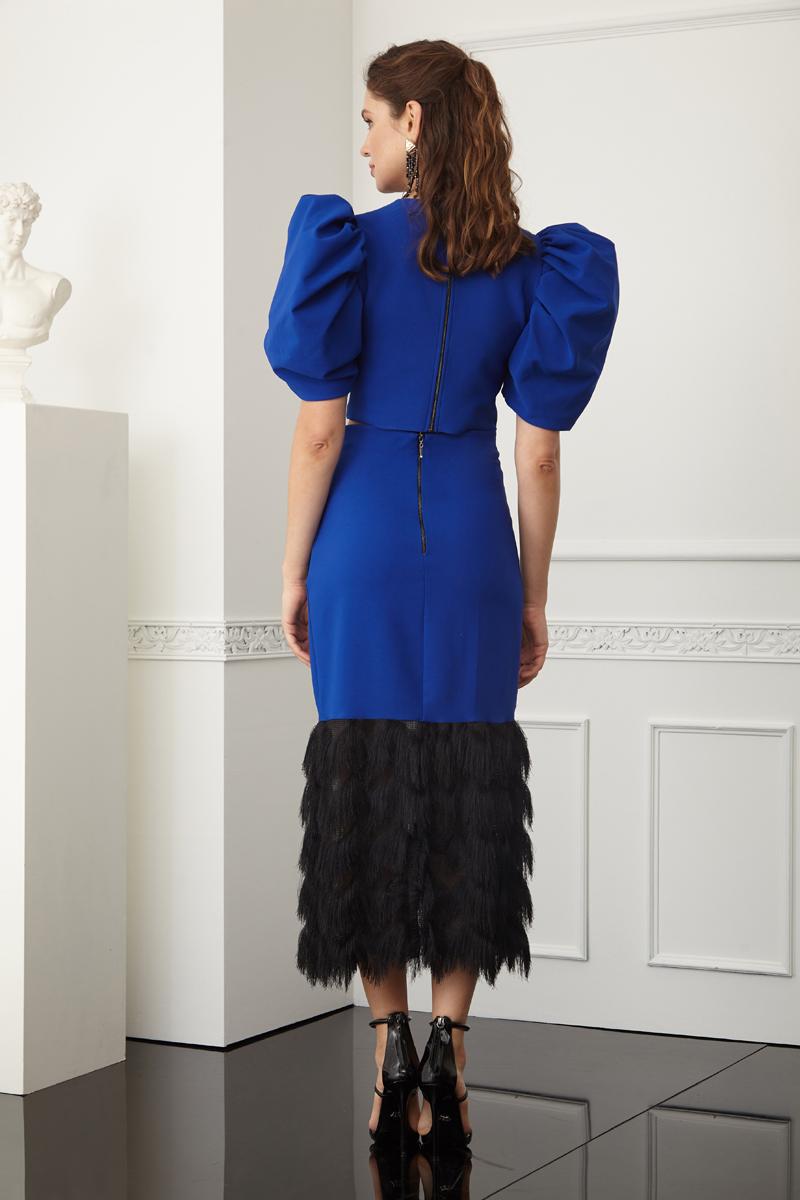 Saxon Blue Crepe Short Sleeve Midi Dress