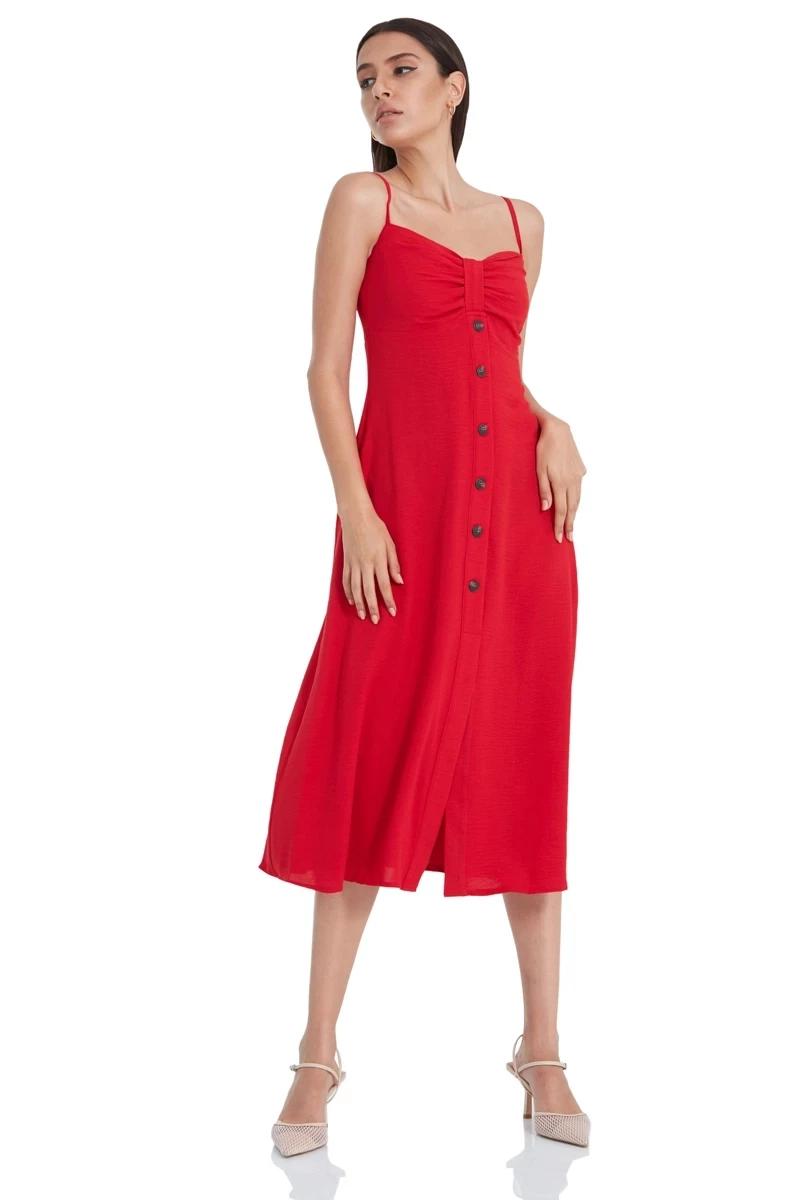 Red Crepe Sleeveless Midi Dress