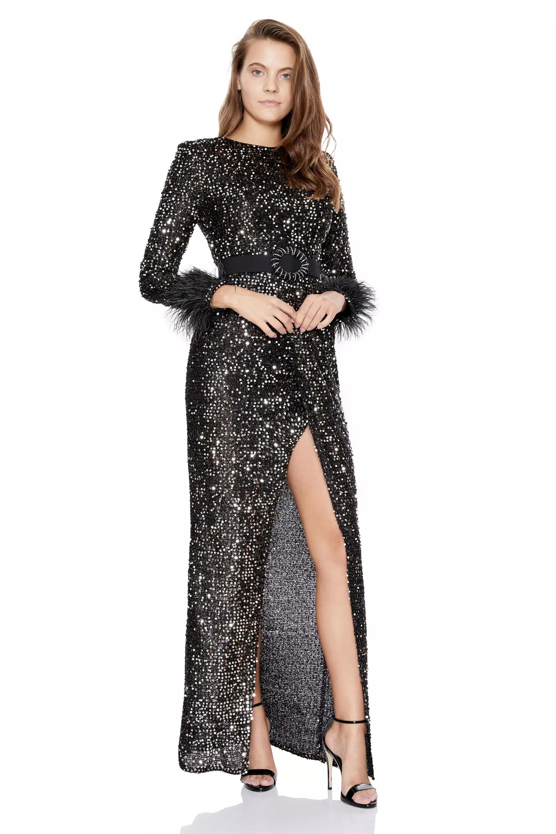 Silver Sequined Long Sleeve Dress
