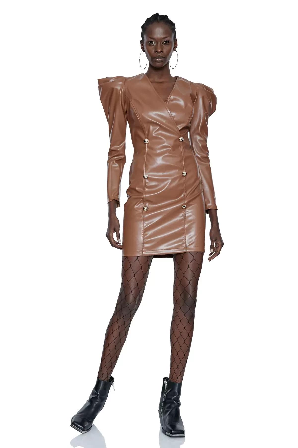 Brown Leather Long Sleeve Mini Dress
