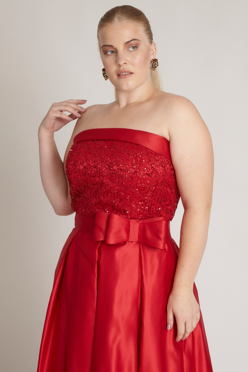 Red plus size satin strapless maxi dress