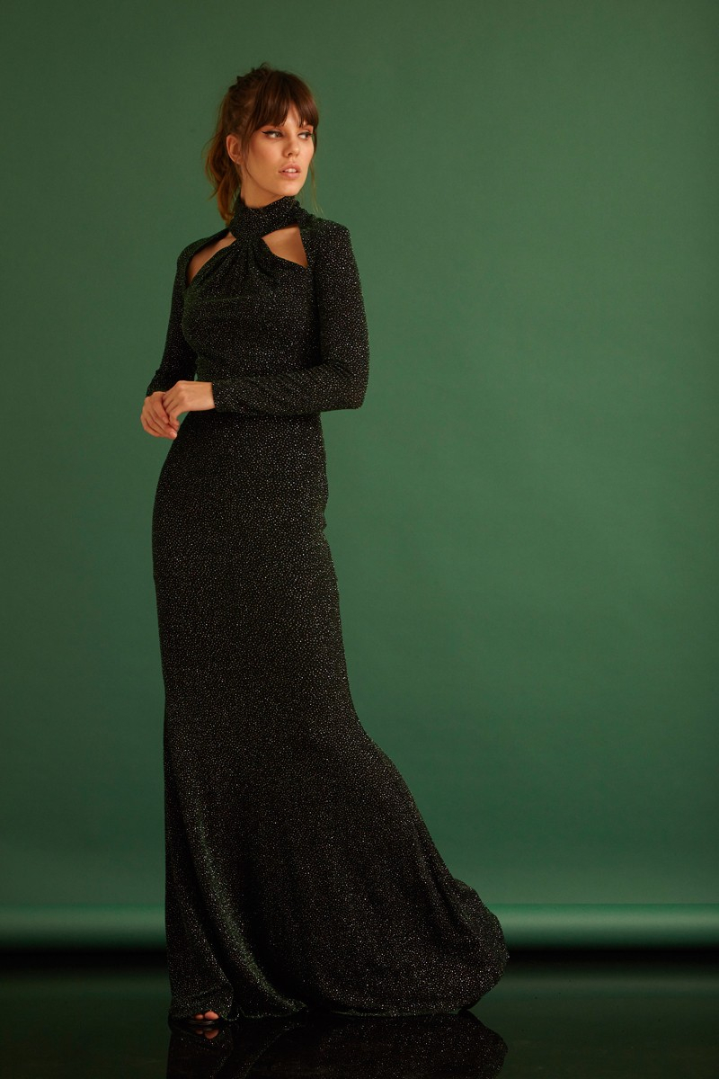 Dark green knitted long sleeve maxi dress