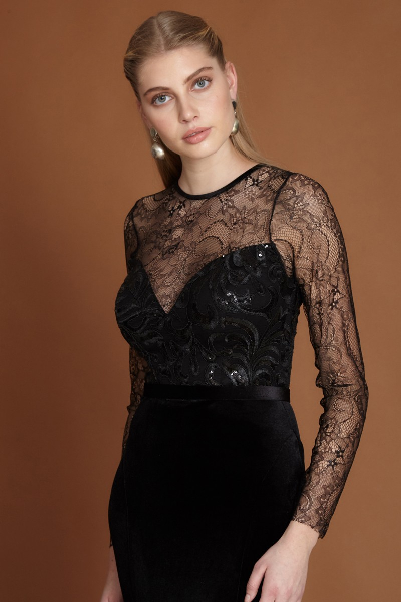 Black velvet long sleeve maxi dress