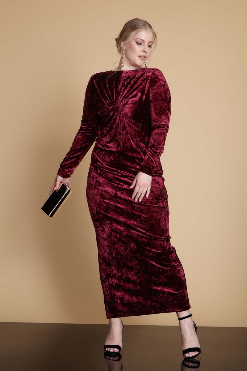 Claret red plus size velvet long sleeve maxi dress