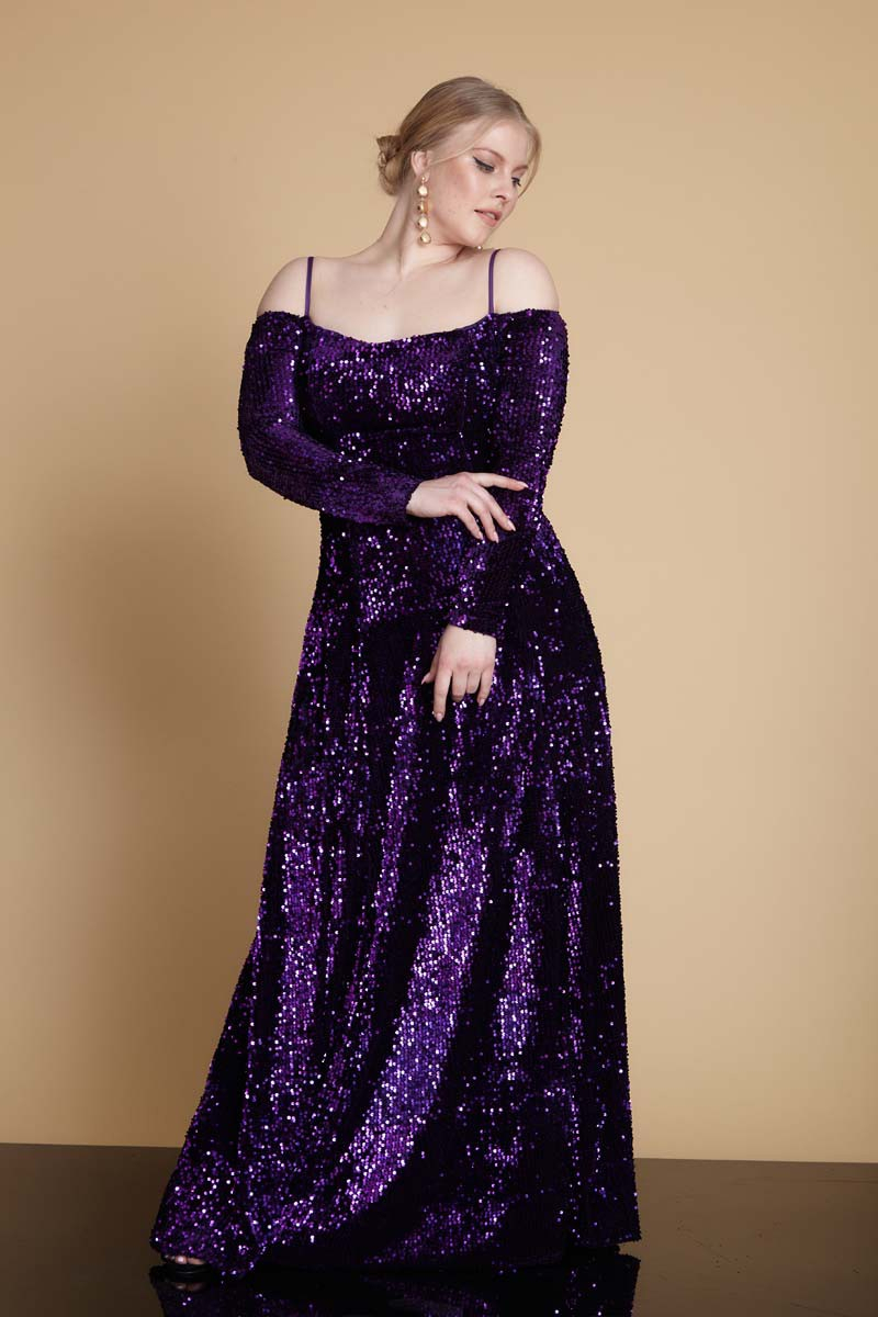 Purple plus size velvet long sleeve maxi dress