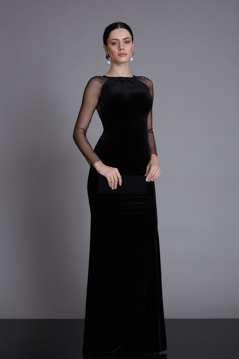 Black velvet long sleeve maxi dress