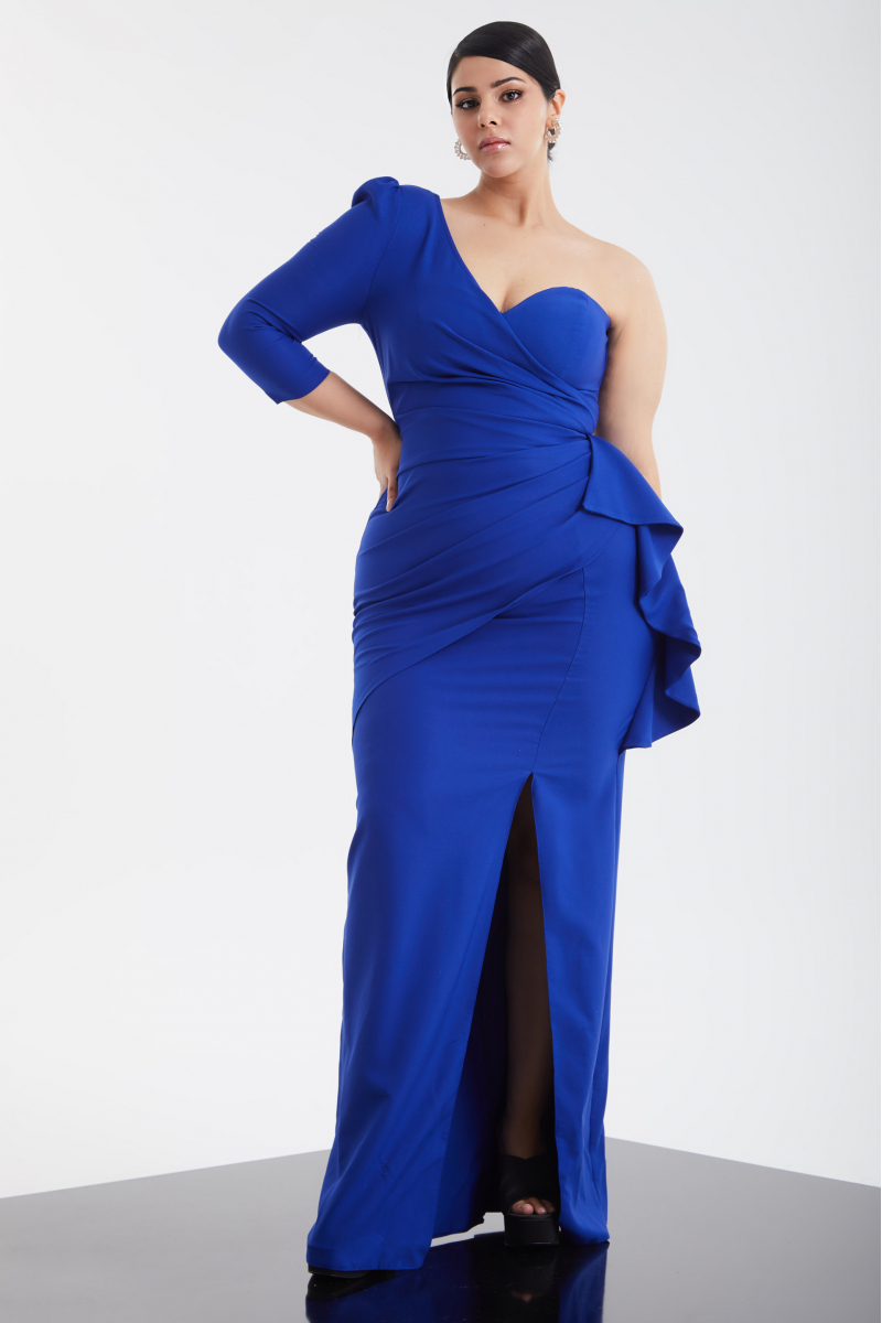 Blue plus size crepe single sleeve maxi dress