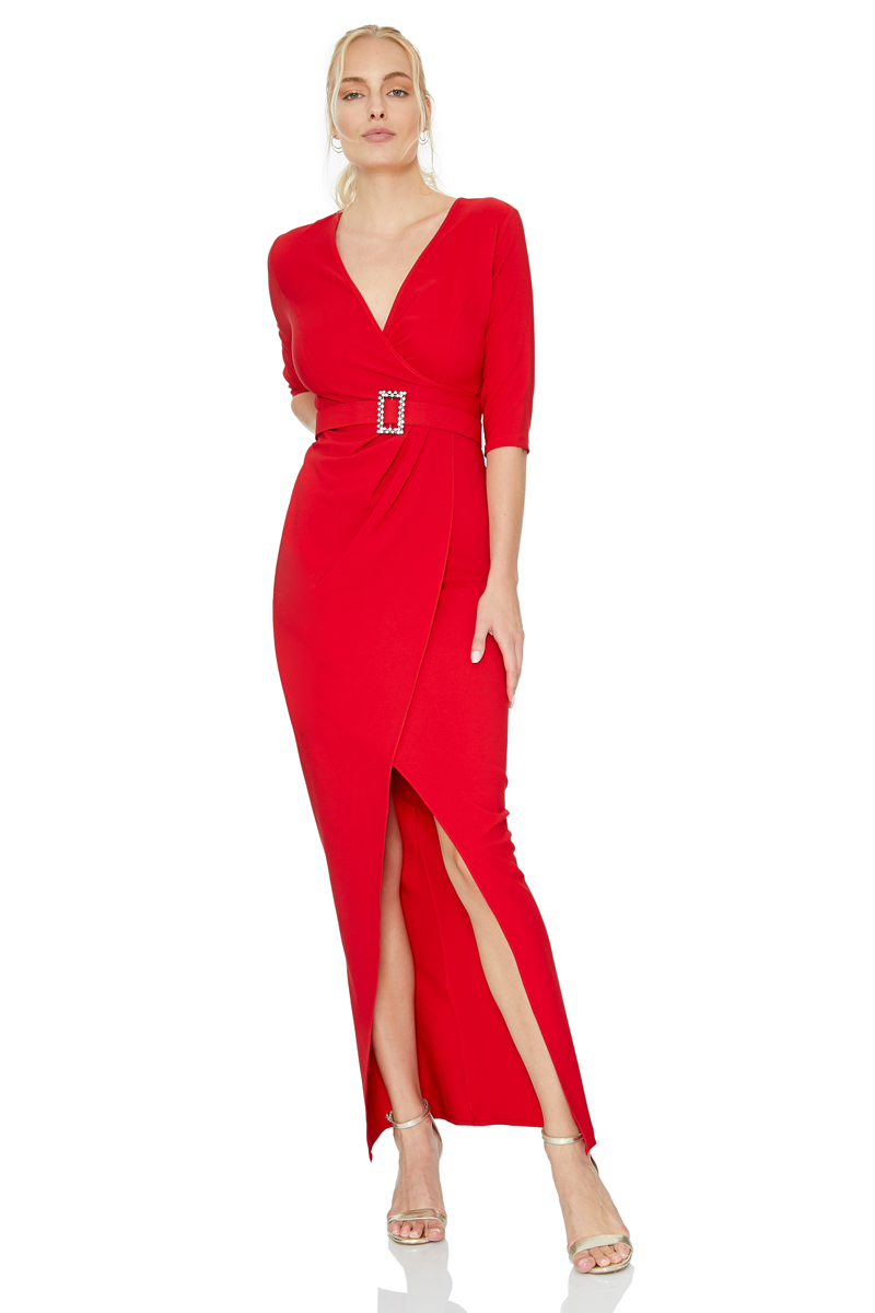 Red crepe 3/4 sleeve maxi dress