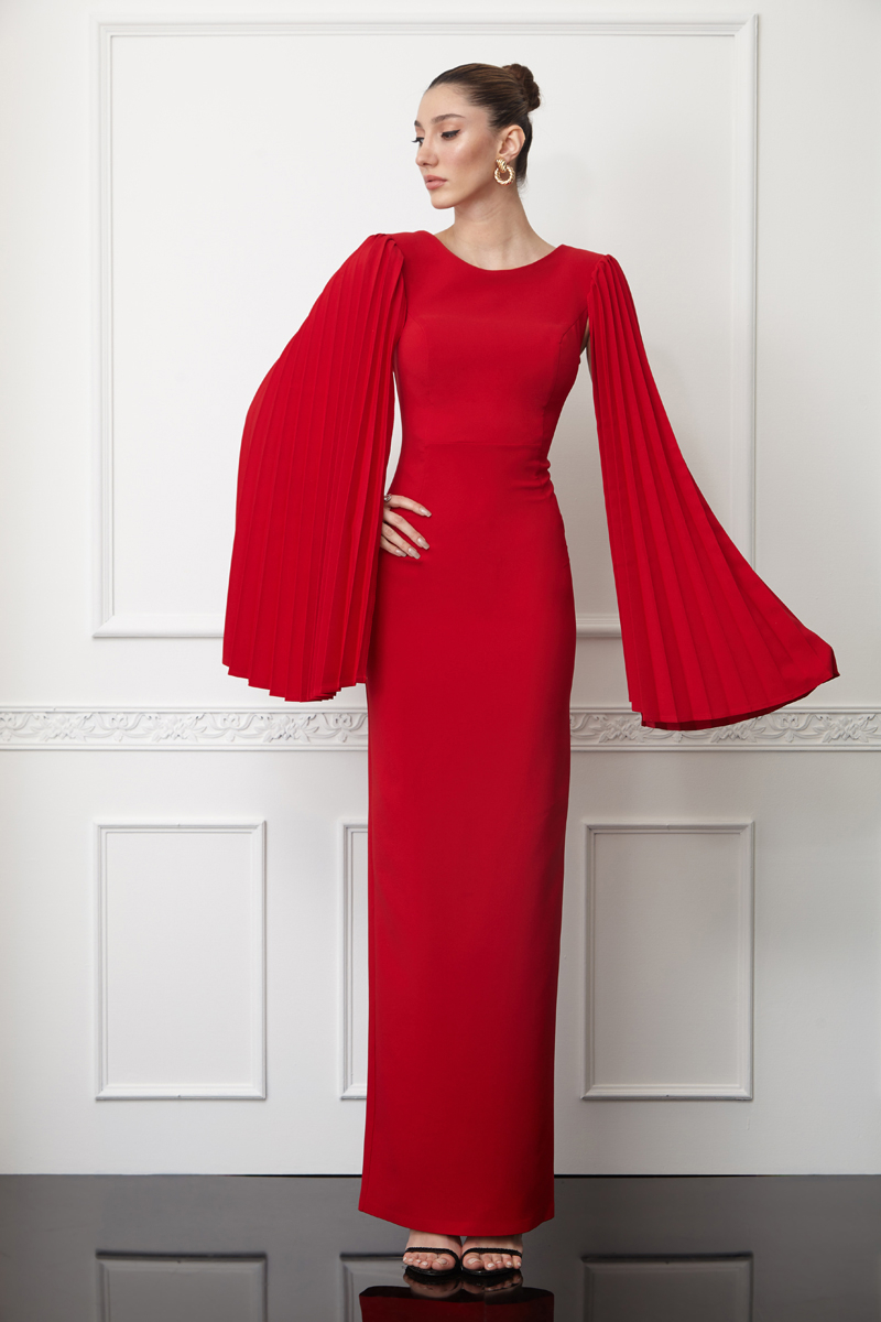 Red crepe long sleeve maxi dress