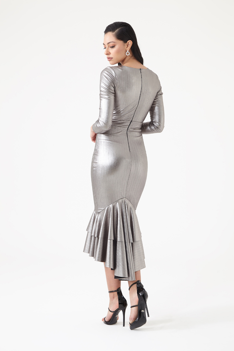 Silver knitted long sleeve midi dress