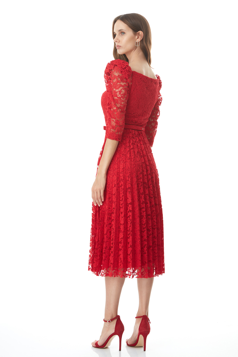 Red lace 3/4 sleeve midi dress