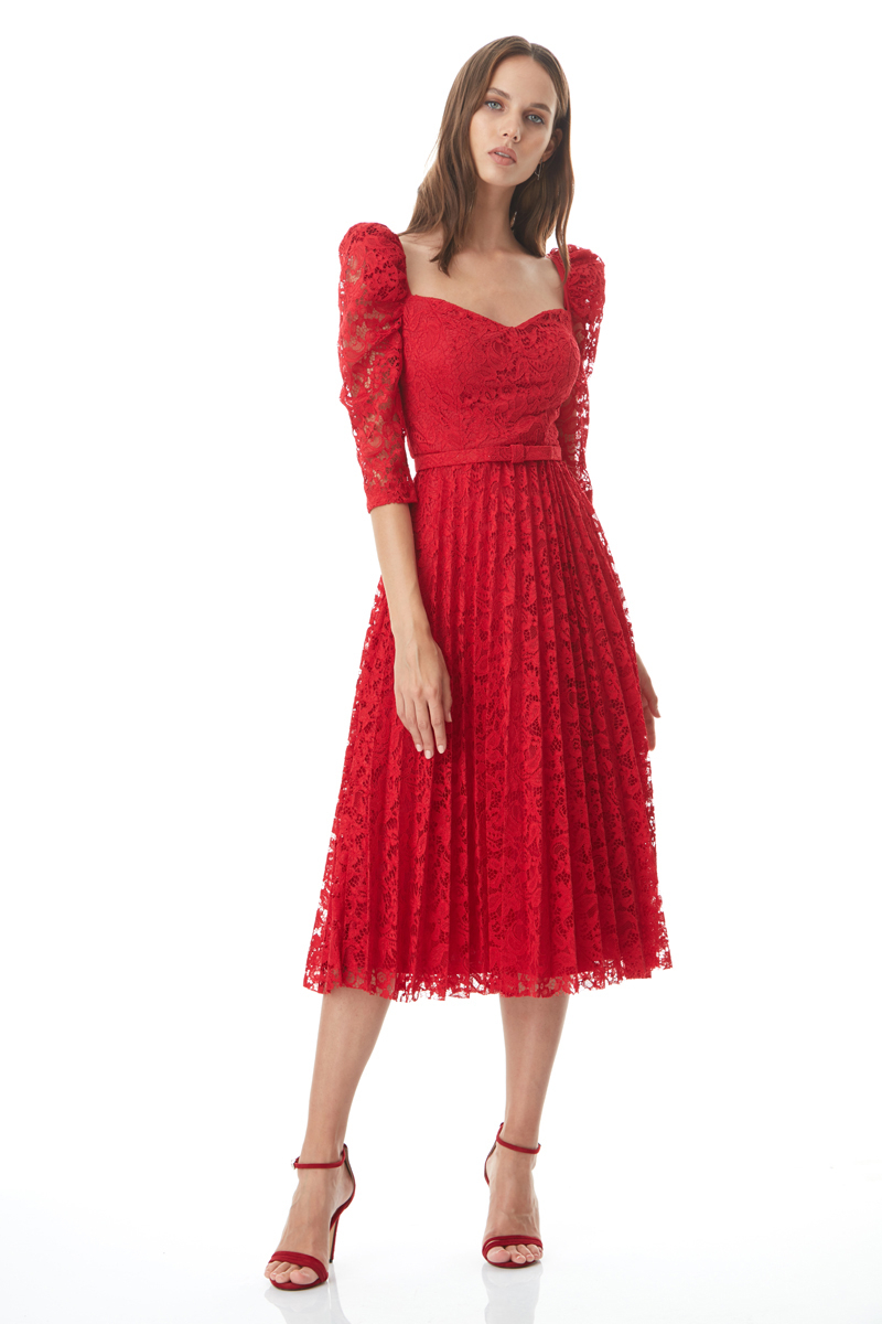 Red lace 3/4 sleeve midi dress