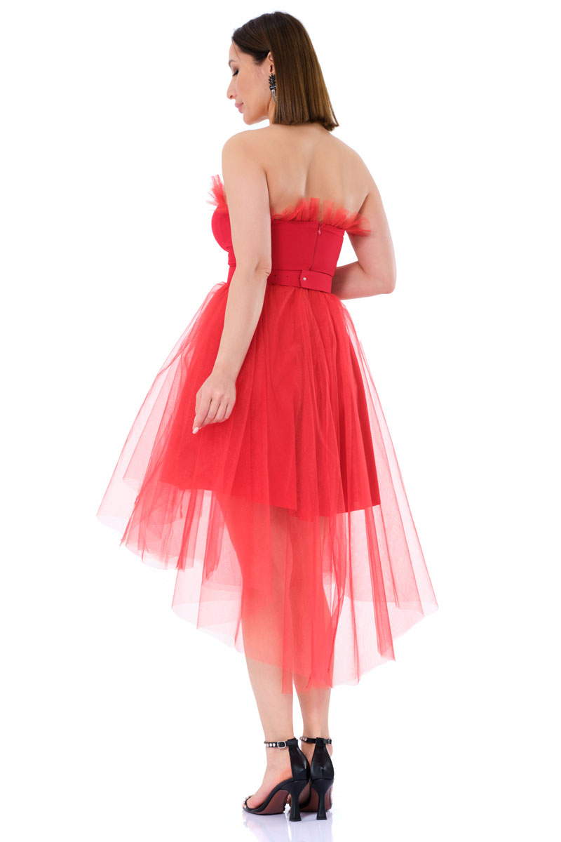 Red tulle strapless midi dress