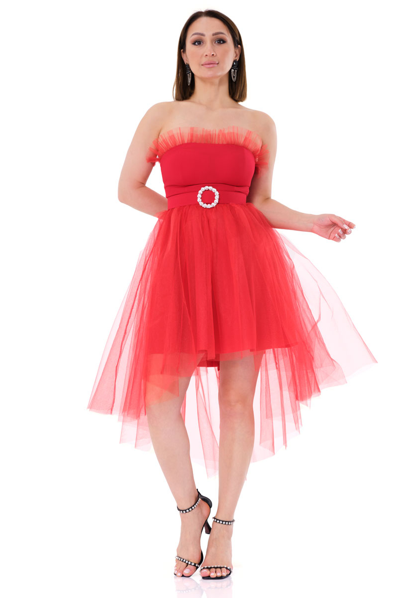 Red tulle strapless midi dress