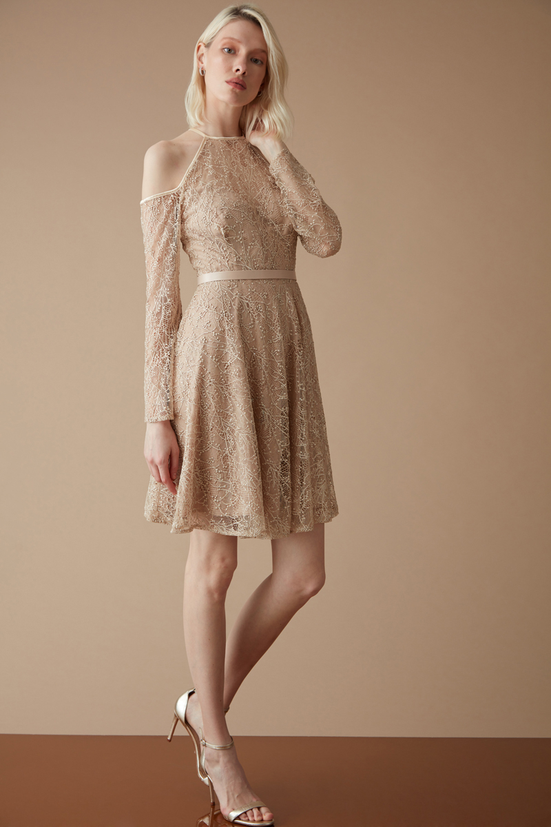 Beige lace sleeveless mini dress