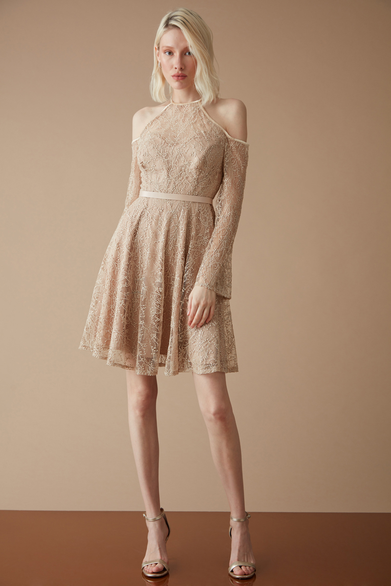 Beige lace sleeveless mini dress