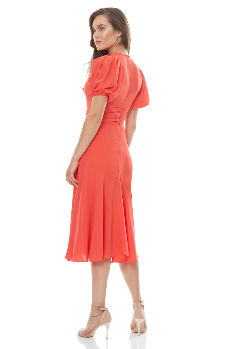 Orange crepe short sleeve midi dress