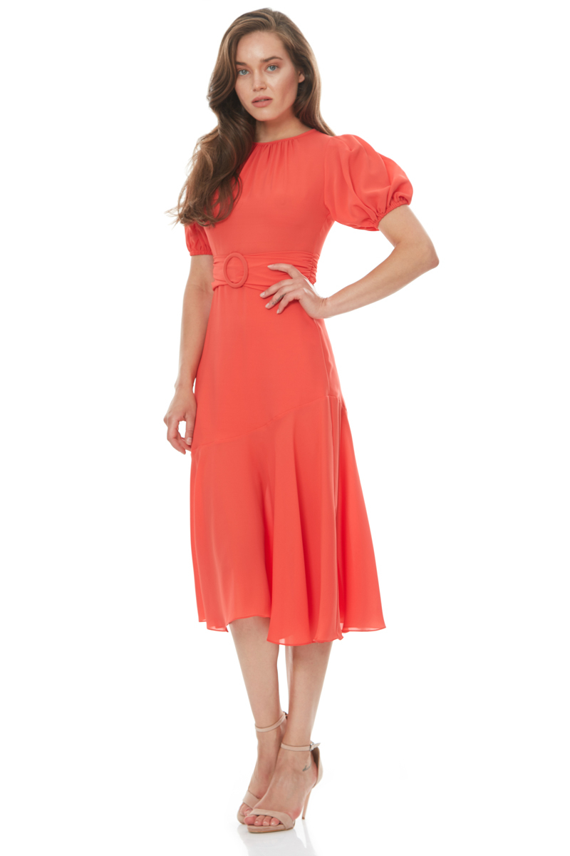Orange crepe short sleeve midi dress