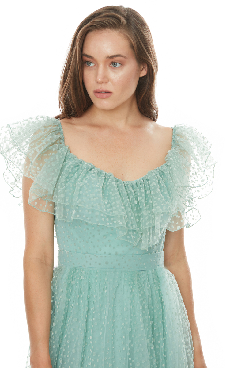 Mint green tulle short sleeve maxi dress