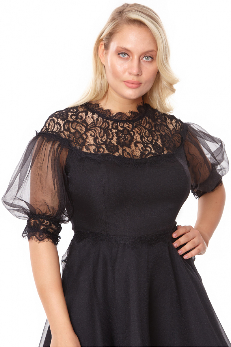 Black plus size tulle short sleeve mini dress