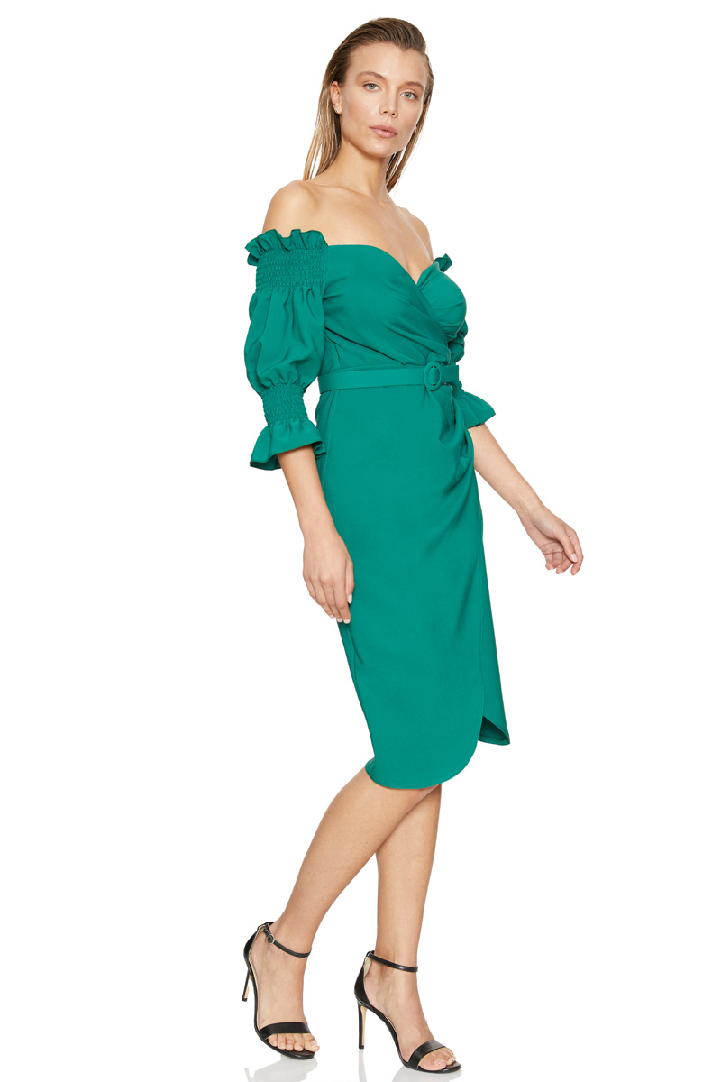 Green crepe short sleeve mini dress