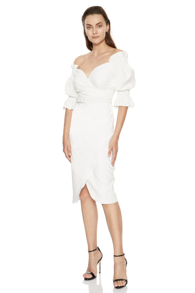 White crepe short sleeve mini dress