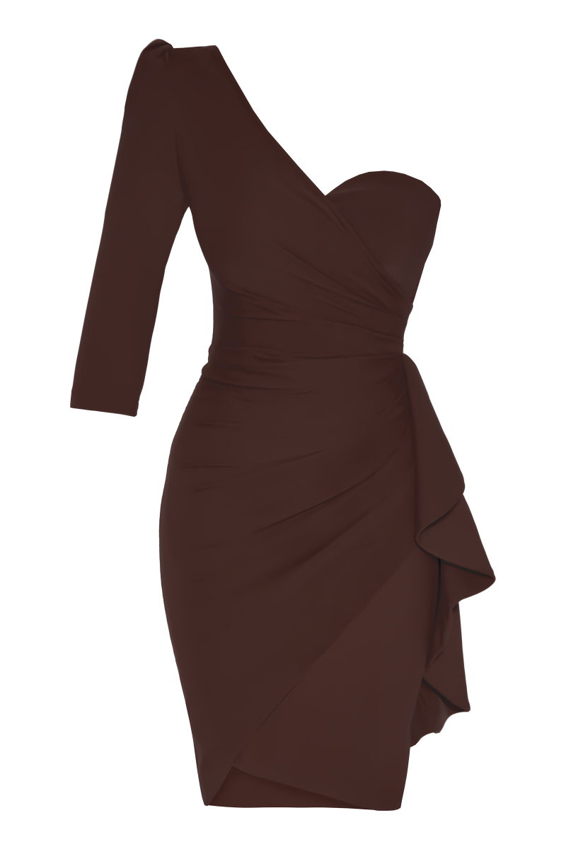 Brown plus size crepe single sleeve mini dress