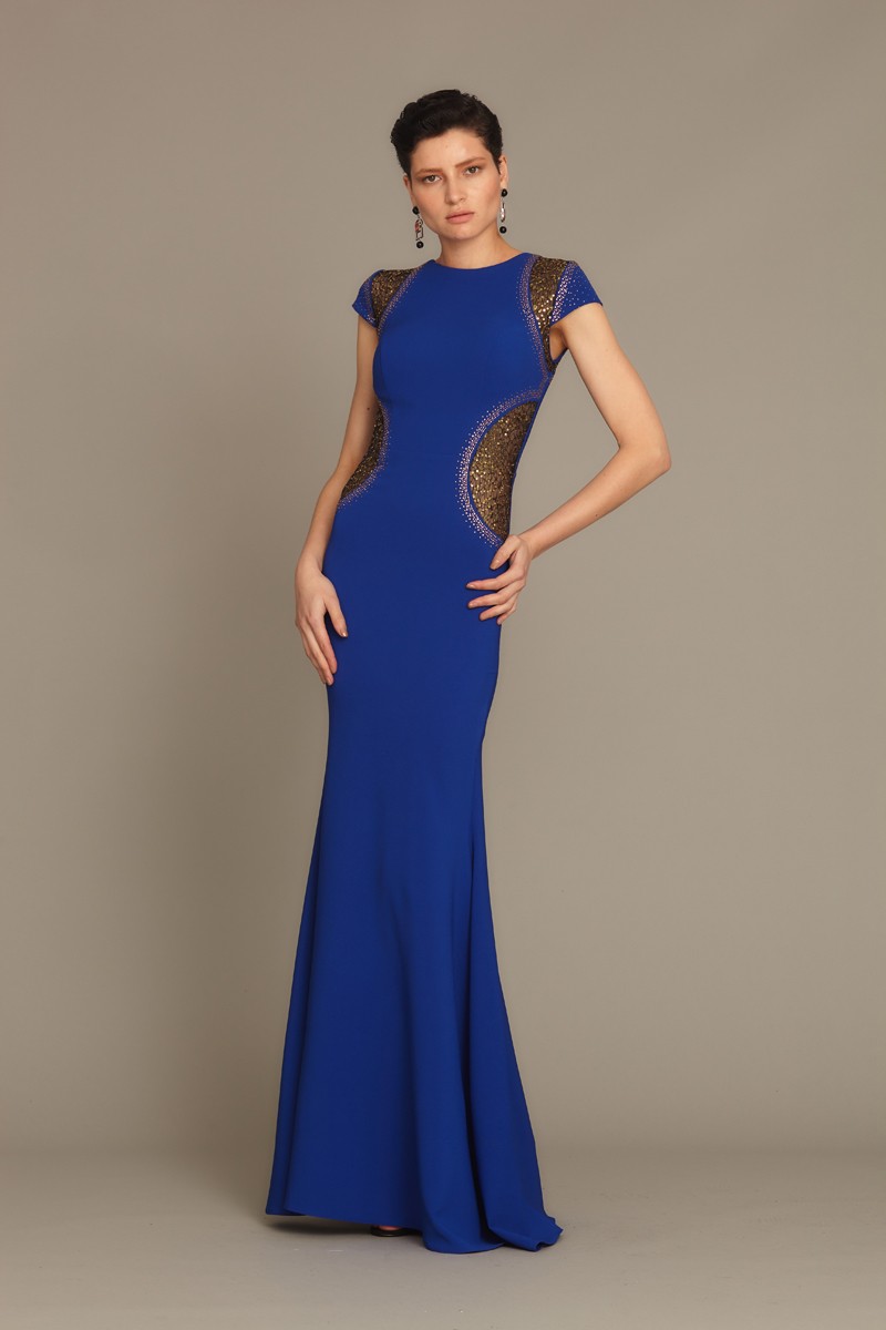 Saxon Blue Crepe Short Sleeve Maxi Dress