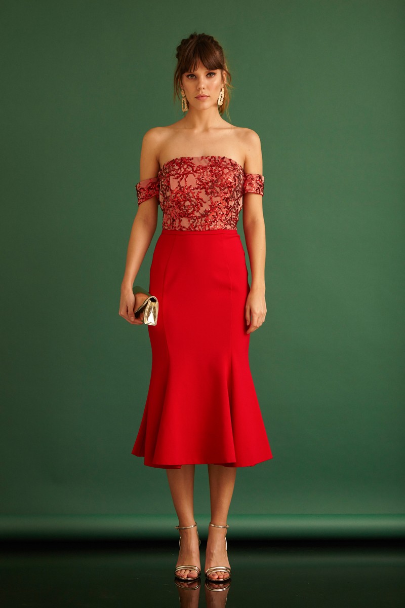 Red Crepe Midi Short Sleeve Dress