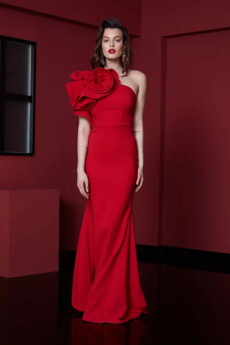 Kırmızı krep tek kol uzun elbise
