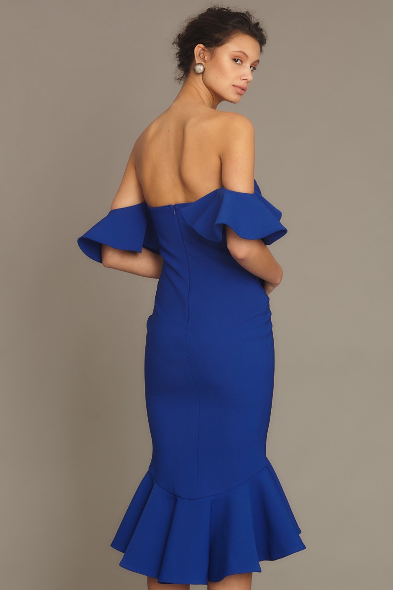 Saxon Blue Crepe Midi Short Sleeve Dress