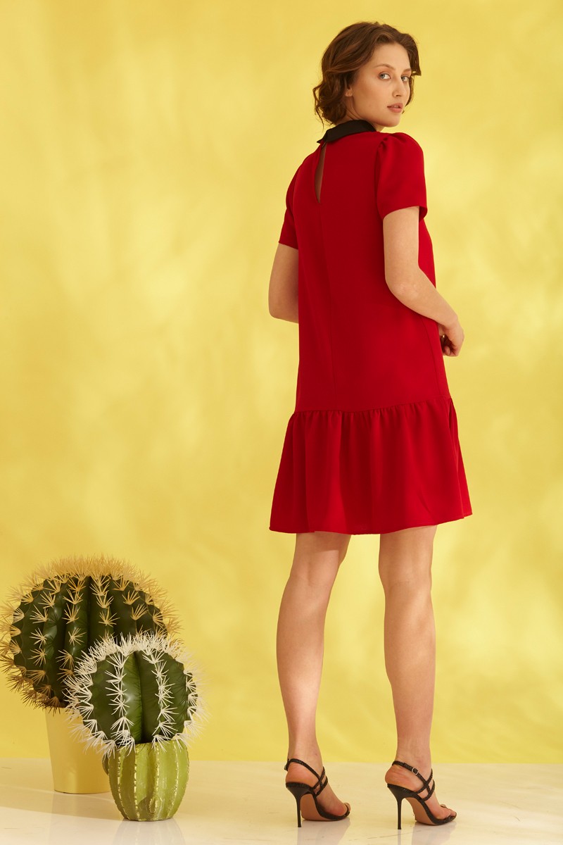Red Crepe Mini Short Sleeve Dress