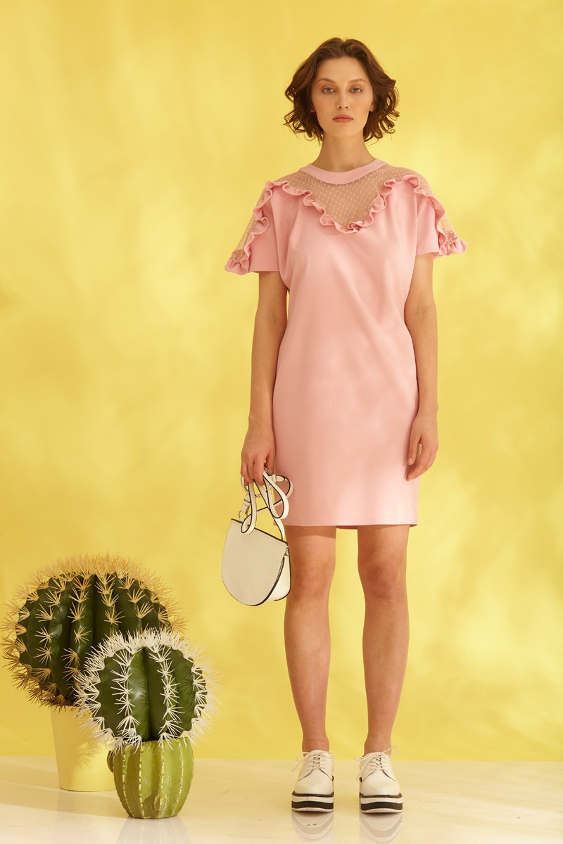 Pink Crepe Mini Short Sleeve Dress