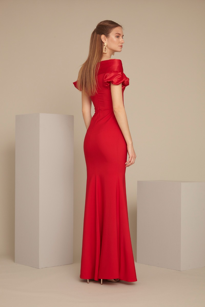 Kırmızı Saten Uzun Kısa Kol Elbise
