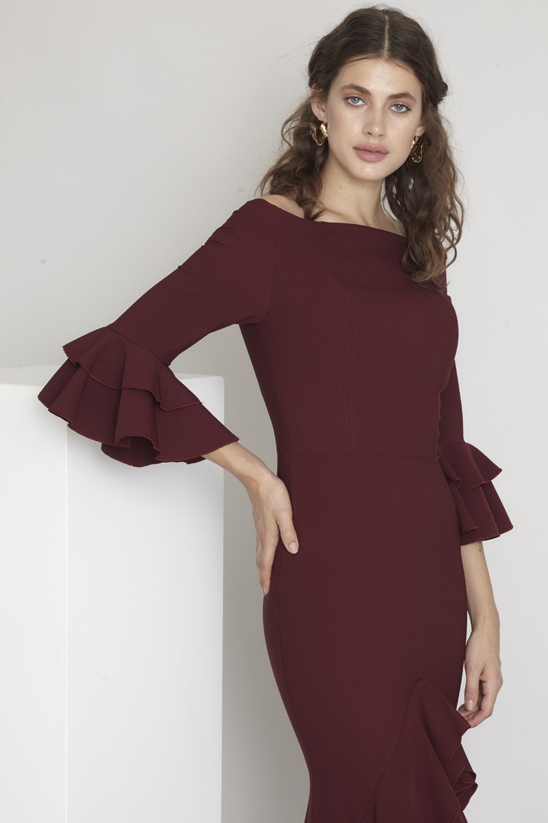 Claret Red Crepe Maxi Long Sleeve Dress