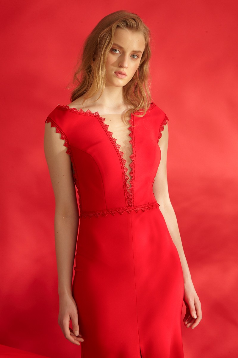 Red Crepe Maxi Short Sleeve Dress