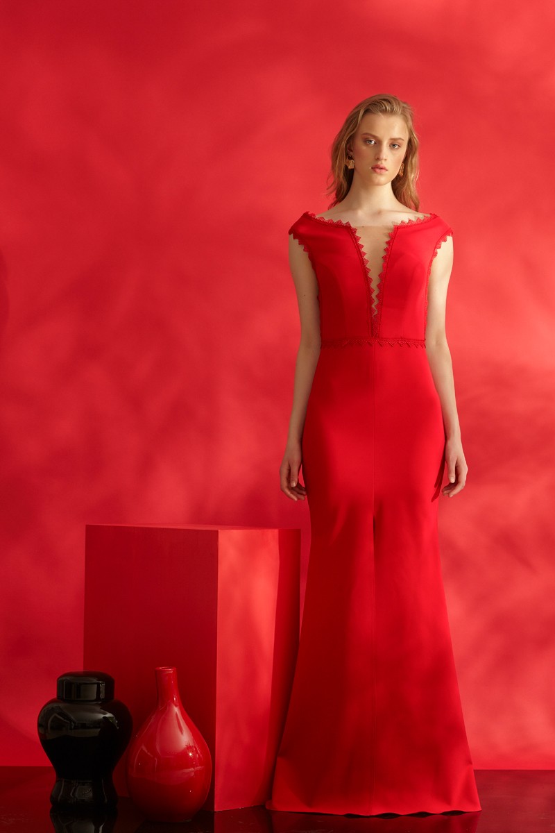 Red Crepe Maxi Short Sleeve Dress