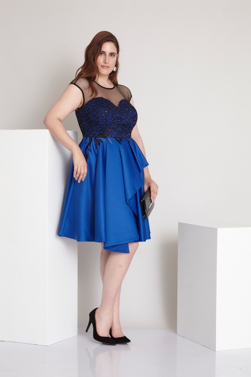 Saxon Blue Plus Size Satin Sleeveless Mini Dress