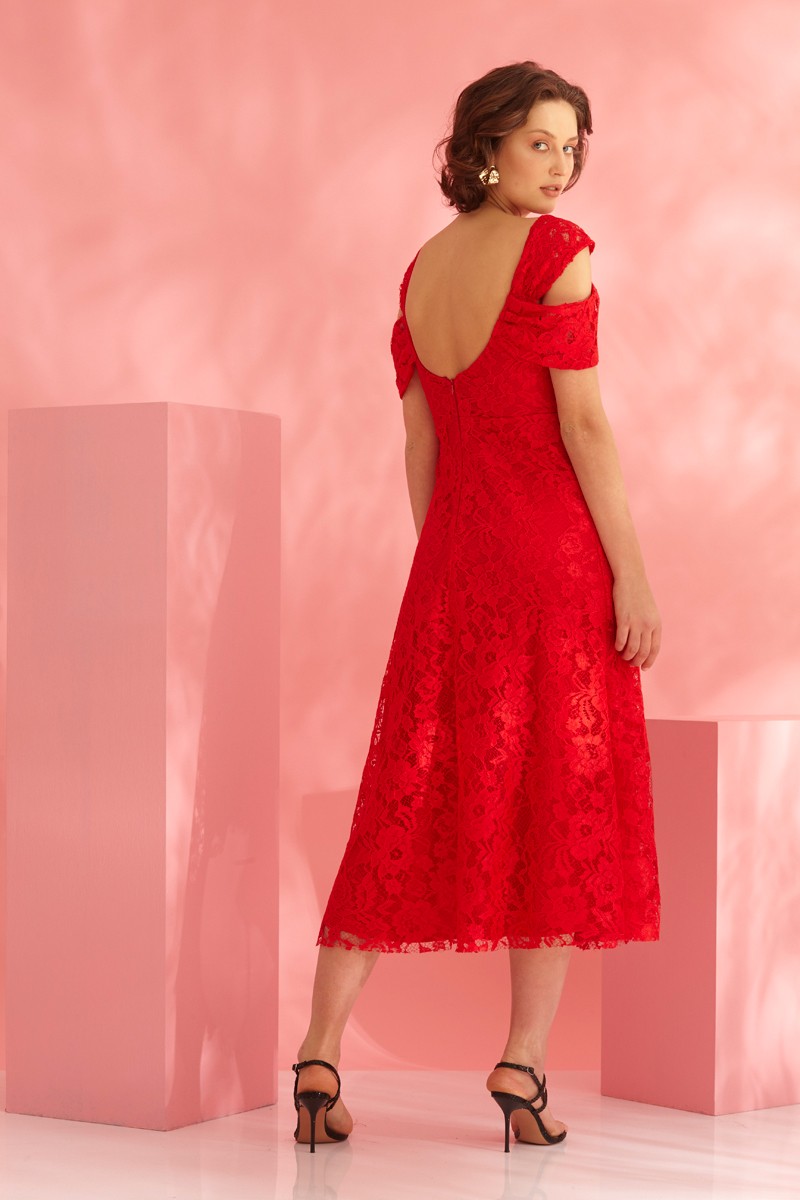 Red Lace Short Sleeve Mini Dress