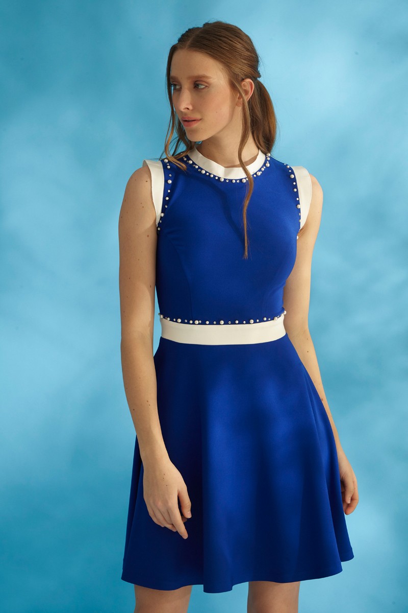 Saxon Blue Crepe Mini Short Sleeve Dress