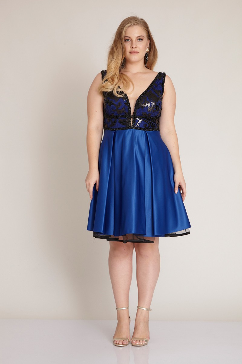 Saxon Blue Plus Size Satin Sleeveless Mini Dress